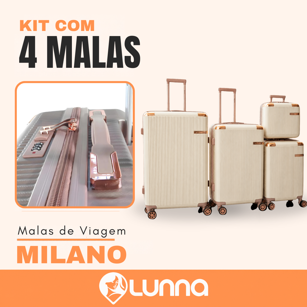 Kit de 4 Malas Milano™ em ABS Reforçado com Giro 360° e Design Antirrisco